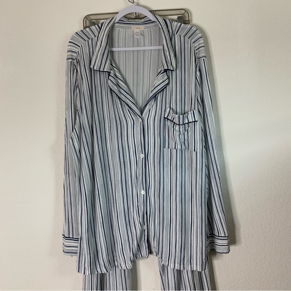 Eberjey Gisele Long PJ Set in Off White & Indigo Stripe XL - Picture 3 of 14